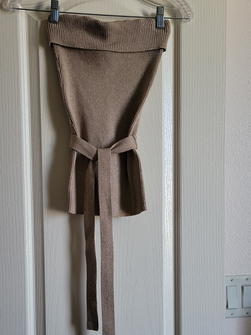 New York & Company Strapless Ribbed Belted Sweater Top in Metallic Gold